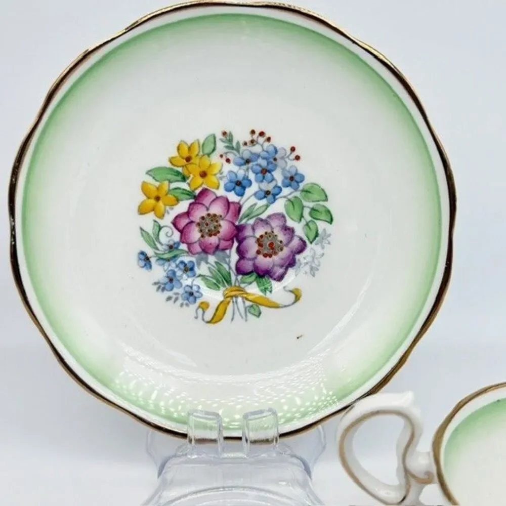 Royal Albert Tea Cup and Saucer Set Green Fade Yellow Ribbon Floral Bouquet 1586